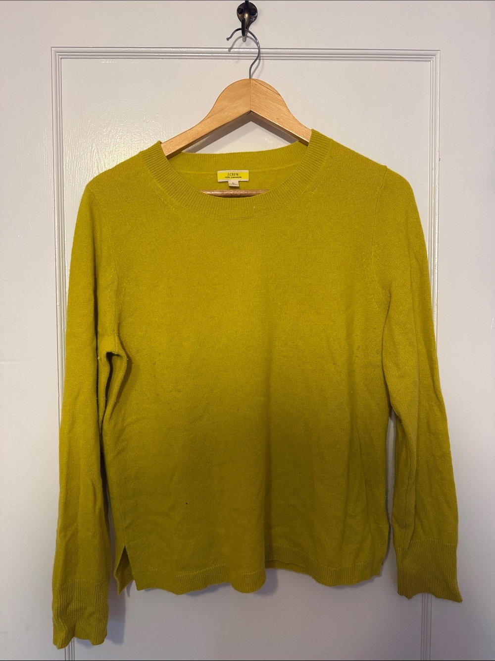 J. Crew Women's 100% Cashmere Lightweight Crewneck Sweater in lemon yellow.